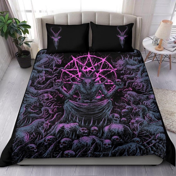 Skull Skeleton Satanic Goat Skull Trophy Demon Breed 3 Piece Duvet Set Night Blue Pink-Satanic Baphomet Duvet-