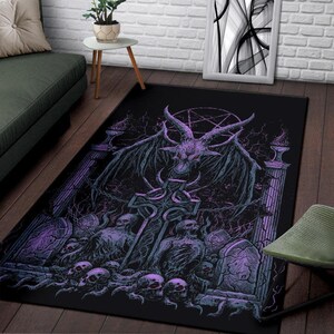 Skull Satanic Pentagram Baphomet Demon Bat Wing Goat Grave Shrine Area Rug Awesome Night Blue Purple Pink Tint-Satanic Baphomet Rug