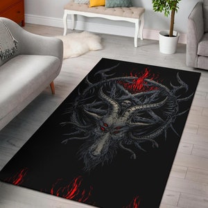 Skull Satanic Pentagram Goat Serpent Flame Area Rug Color Version-Goat Skull Rug-Satanic Goat-