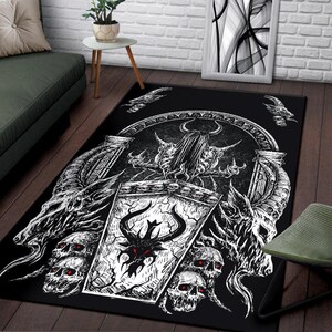 Skull Gothic Demon Shrine Area Rug Black And White Red Eye Version-Skull Gothic Satanic Rug-Satanic Skull Rug-Skull Rug-