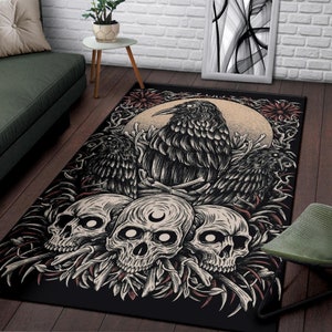 Skull Goth Occult Crow Area Rug New Dark Color White Skull-Goth Occult Decor-Skull Gothic Occult Rug-