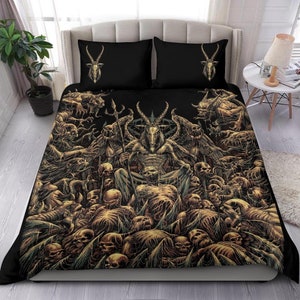 Skull Winged Satanic Goat Demon Zombie Galore Throne 3 Piece Duvet Set Color-Baphomet Duvet-Satanic Bedding-Skull Bedding-Goth Satanic Duvet