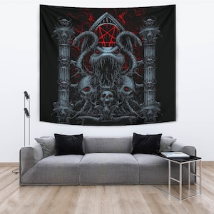 Skull Satanic Pentagram Serpent Gate Shrine Large Wall Decoration Tapestry Color Version-Satanic Serpent Decorations-Satanic Goth Wall Decor