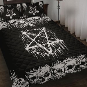 Skull Satanic Pentagram Drip Quilt 3 Piece Bed Set-Satanic Pentagram Bedding-Satanic Goth Occult Bedding-