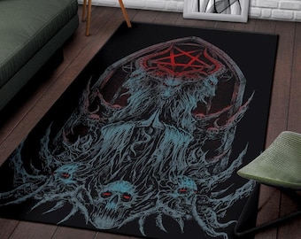Pode incluir: Um tapete preto com um design gráfico de um pentagrama e figuras demoníacas em tons de azul e vermelho.