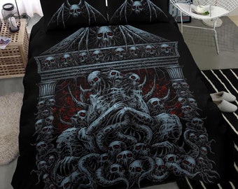 Skull Skeleton Demon Bat Skull Death Shrine 3 Piece Duvet Set Color Version-Skull Gothic Satanic Bedding-