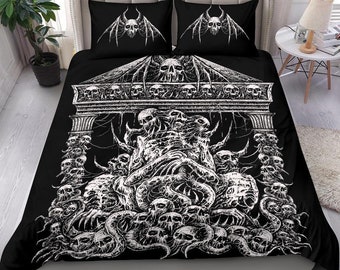 Skull Skeleton Bat Wing Skull Death Shrine 3 Piece Duvet Set Black And White-Skull Goth Bedding-
