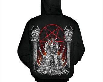 Skull Skeleton Satanic Goat Satanic Pentagram Flame Hoodie-Be Advised These Hoodies Are A Polyester blend Material Different Than A Normal-