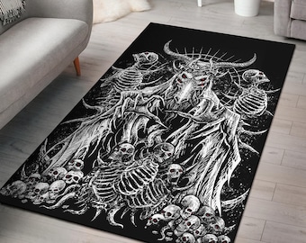 May include: Black and white rug with a graphic design of a horned demon with red eyes surrounded by skeletons. The demon is holding a skull in its hand. The rug has a black background and white details.