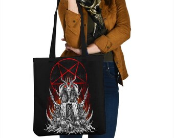 Skull Satanic Goat Satanic Pentagram Flame Large Tote Bag-Satanic Goth Handbag Tote Bag-