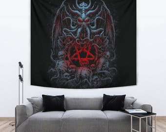 May include: A black tapestry featuring a blue and red illustration of a tentacled creature with a pentagram. The creature wears a crown and is surrounded by smaller creatures.