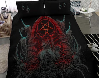 Satanic Skull Impaled Skeleton Inverted Flame Pentagram Shrine 3 Piece Duvet Set Color Version-Gothic Skull Satanic Decor-Satanic Bed Cover-