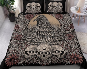 Skull Gothic Occult Crow 3 Piece Duvet Set Color Version-Gothic Occult Bedding-Skull Goth Bedding-