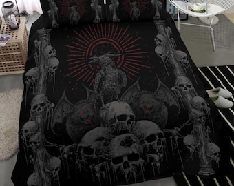 Skull Goth Occult Raven Batwing Cat 3 Piece Duvet Set Dark Color Version-Goth Bedding-Occult Bedding-