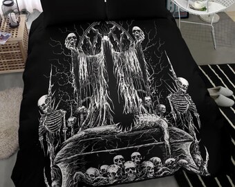 Skull Hooded Demon Impaled Coffin Shrine 3 Piece Duvet Set Black And White Version-Skull Satanic Bed Cover-Skull Bedding-Gothic Skull Duvet-