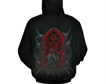 Skull Satanic Pentagram Flame Shrine Hoodie Original Color  Be Advised These Hoodies Are A Polyester blend Material Different Than A Normal-