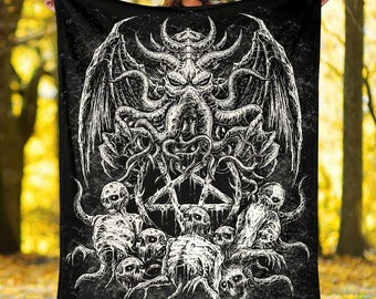 Skull Satanic Pentagram Demon Octopus Blanket Black And White Version-Pentagram Blanket-Inverted Pentagram Blanket-Skull Pentagram Blanket-