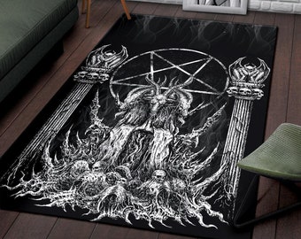 Pode incluir: Tapete preto e branco com um pentagrama e uma figura demoníaca no centro. A figura é cercada por chamas e crânios. O tapete é feito de um material macio e durável e é perfeito para adicionar um toque de estilo gótico a qualquer cômodo.