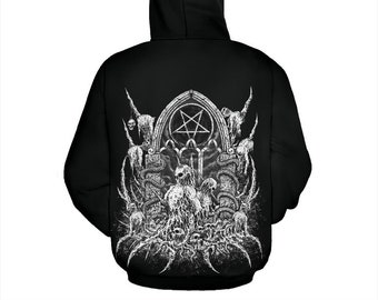 May include: Black hooded sweatshirt with a white graphic print of a pentagram and gothic imagery.