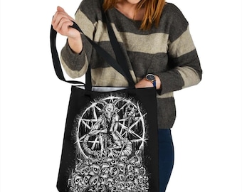 Skull Satanic Goat Large Tote Bag-Satanic Goat Evening Bag-Satanic Skull Goat Shoulder Bag-
