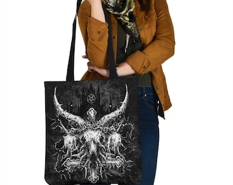 Skull Crowned Satanic Goat Satanic Cross Satanic Pentagram Night Church Tote Bag White Version-Skull Satanic Goth Tote Bag-
