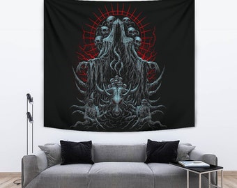 May include: A black tapestry featuring a graphic design of a demonic figure with multiple heads and horns. The figure is surrounded by a red halo and a dark background.