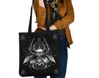Skull Gothic Satanic Fly Large Tote Bag-Goth Skull Tote Bag-Skull Tote Bag-Satanic Tote Bag-