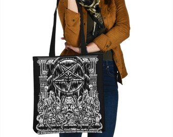 Satanic Pentagram Skull Skeleton Demon Large Tote Bag-Skull Tote Bag-Goth Satanic Tote Bag-