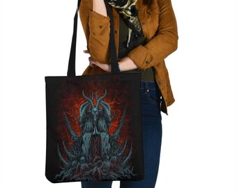 Skull Satanic Goat Color Flame Background Large Tote Bag-Satanic Tote Bag-Satanic Goat Bag-