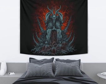 May include: A tapestry depicting a dark, detailed illustration of a horned figure seated on a throne surrounded by other figures. The background is a dark red and black with a swirling pattern.