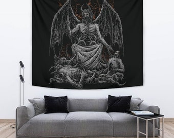 May include: Black and white tapestry depicting a demonic figure with wings, seated on a throne surrounded by smaller figures. The background is black with orange lightning bolts.