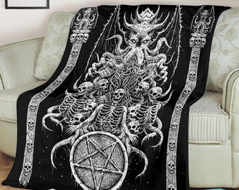 Skull Skeleton Satanic Pentagram Demon Octopus Shrine Blanket-Pentagram Blanket-Baphomet Satanic Blanket-Skull Demon Blanket-