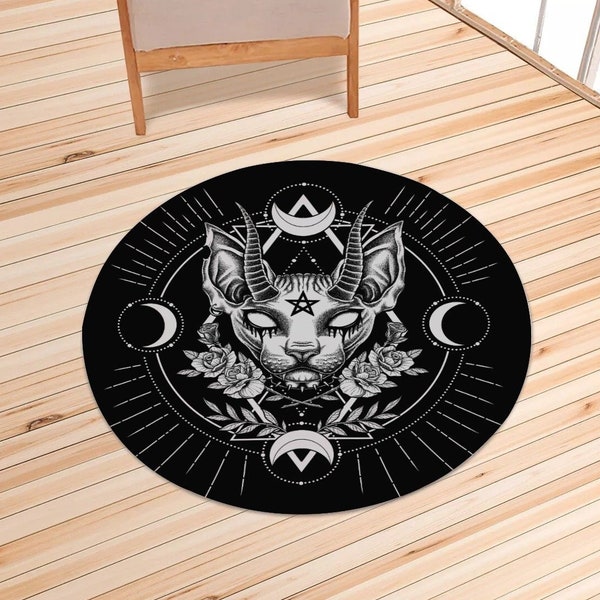 Gothic Occult Black Cat Unique Sphinx Style Foldable round Mat Awesome Demonic White Eye-Goth Cat Rug-Gothic Rug-Gothic Decor-