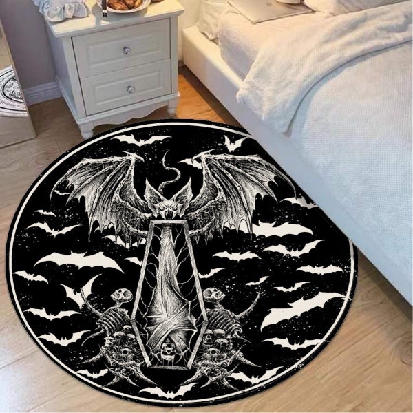 Skull Batwing Skeleton Coffin Shroud Opvouwbare ronde mat- Zwart-wit-Gothic Coffin Rug-Gothic Coffin Decor-Skull Coffin Rug-Bat Skull -