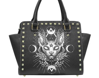 Gotische occulte zwarte kat Unieke Sphinx-stijl Klinknagelschouderhandtas Hoogwaardig PU-leer, Pick No Stud 11,22"(L) x 4,72"(B) x 9,84"(H)-