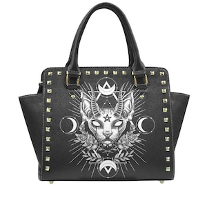 Gothic Occult Black Cat Unique Sphinx Style Rivet Shoulder Handbag High-grade PU leather, Pick No Stud 11.22"(L) x 4.72"(W) x 9.84"(H)-
