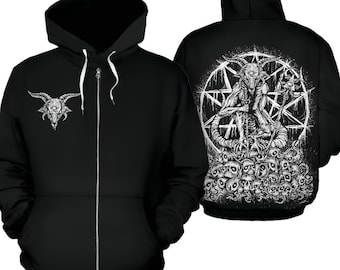 May include: Black zippered hoodie with a white graphic print of a goat-like figure with horns, holding a staff and sitting on a pile of skulls. The back of the hoodie features a larger version of the graphic with a pentagram.