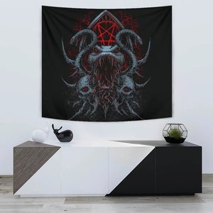 Skull Satanic Pentagram Serpent Shrine Color Version Large Wall Decoration Tapestry Special Promo Price-Skull Satanic Wall Decor-