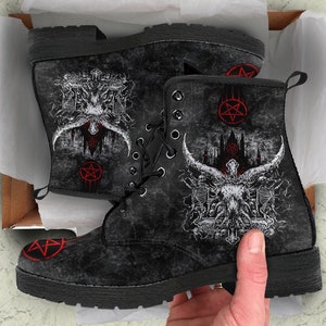 Skull Satanic Cross Crowned Satanic Goat Satanic Pentagram Leather Boots New Multiple Skull Red Version-Baphomet Shoes-Baphomet Boots-