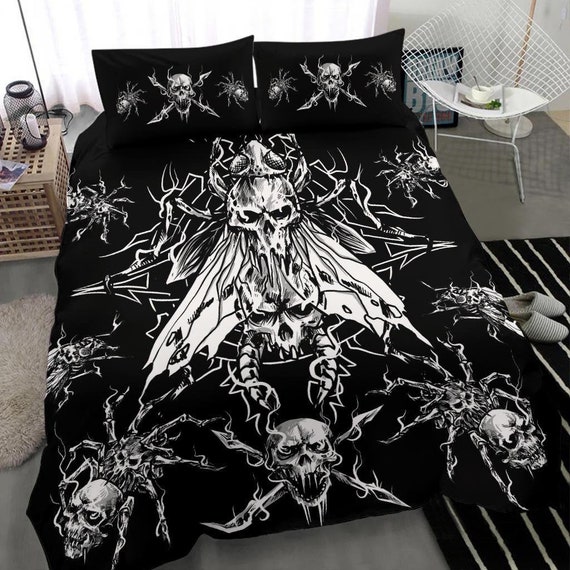 Skull Evil Goth Spider Fly 3 Piece Duvet Set Black and White Large