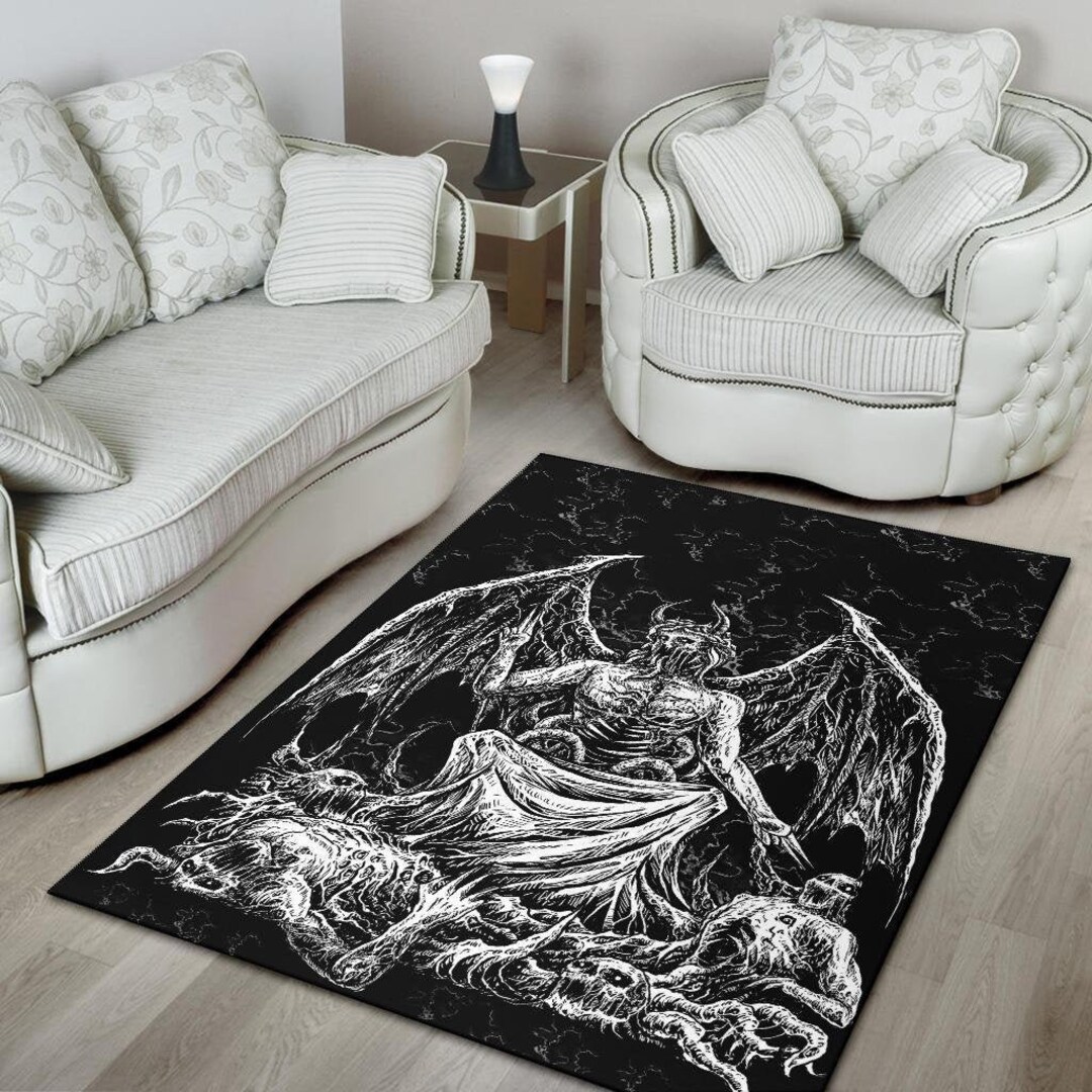 Satanic Area Rug Skull Skeleton Satanic Bat Wing Demon God Area Rug Black and White ...