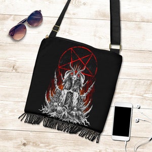 Skull Satanic Goat Satanic Pentagram Flame Women&#39;s Purse Carry Bag-Satanic Shrine Handbag-