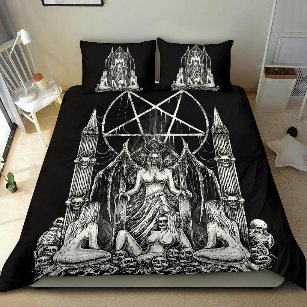 Discover Skull Satanic Pentagram Lust Throne 3 Piece Duvet Set Black And White Throne Pillow Version-Skull Satanic Goth Bedding-