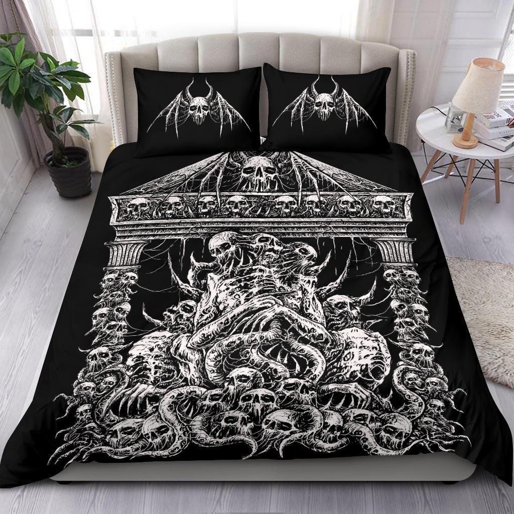 Discover Skull Skeleton Bat Wing Skull Death Shrine 3 Piece Duvet Set Black And White-Skull Goth Bedding-