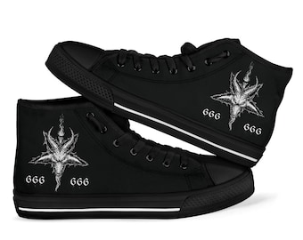 May include: Black high-top canvas sneakers with a white graphic of a pentagram with a goat's head inside. The numbers 666 are printed on each side of the graphic.