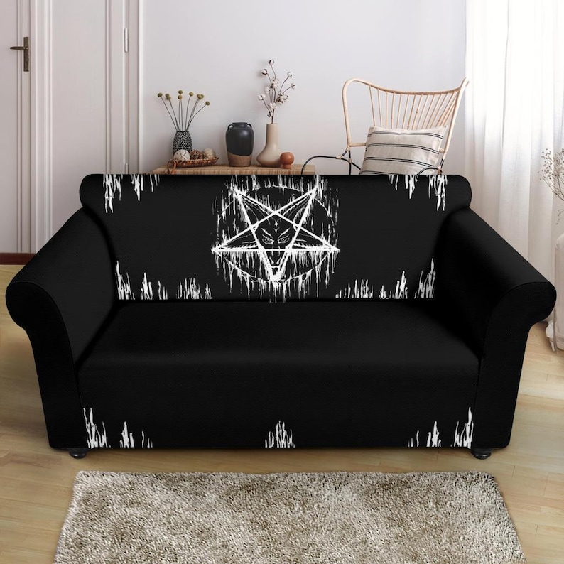 Satanic Pentagram Drip Love Seat Slip Cover-Satanic Home Decor-Satanic Goth Occult Decor- 