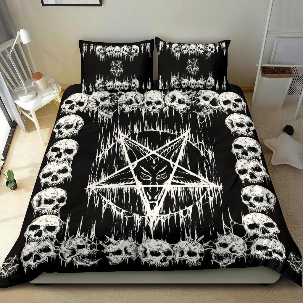 Discover N€W! Skull Satanic Pentagram Drip 3 Piece Duvet Set-Skull Pentagram Duvet-Satanic Pentagram Bedding-