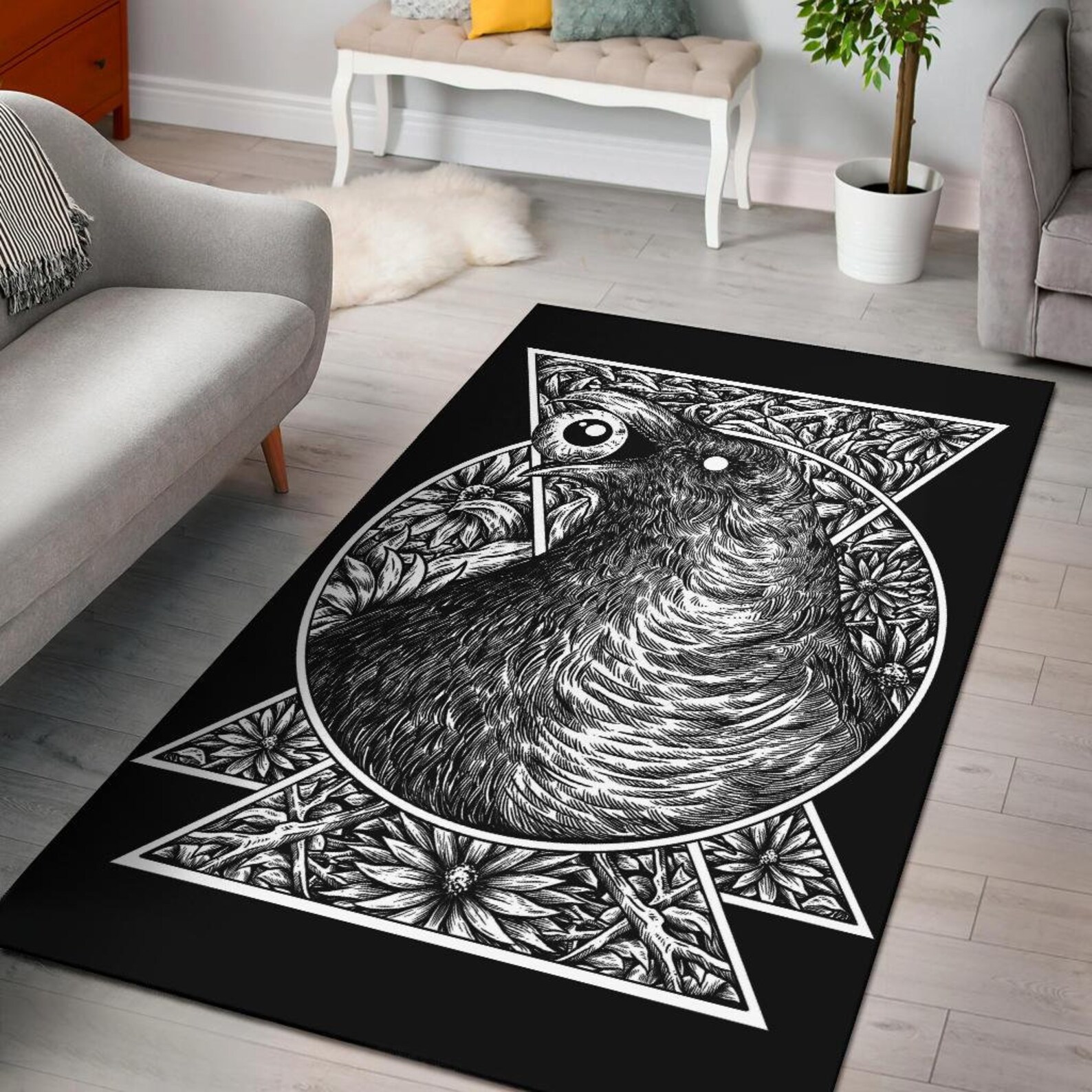 Gothic Crow Eye Area Rug Black and White Version-gothic Crow Rug-gothic ...