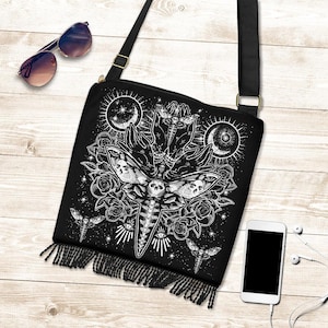 Skull Moth Secret Society Occult Style Boho Bag-Satanic Goth Handbag Tote Bag-
