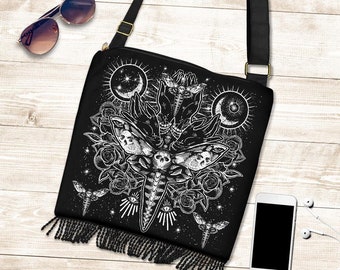 Skull Moth Secret Society Occult Style Boho Bag-Satanic Goth Handbag Tote Bag-